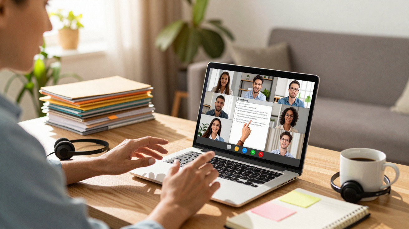 Pessoa participa em videoconferência em laptop, ao lado de caderno, café e pilha de documentos sobre mesa.