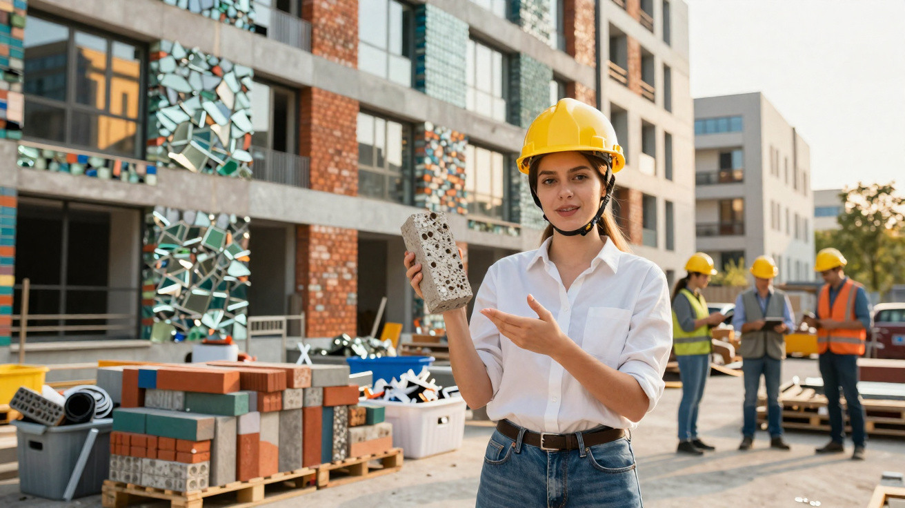 Mulher com capacete amarelo segura bloco de construção em obra, com colegas a trabalhar ao fundo.