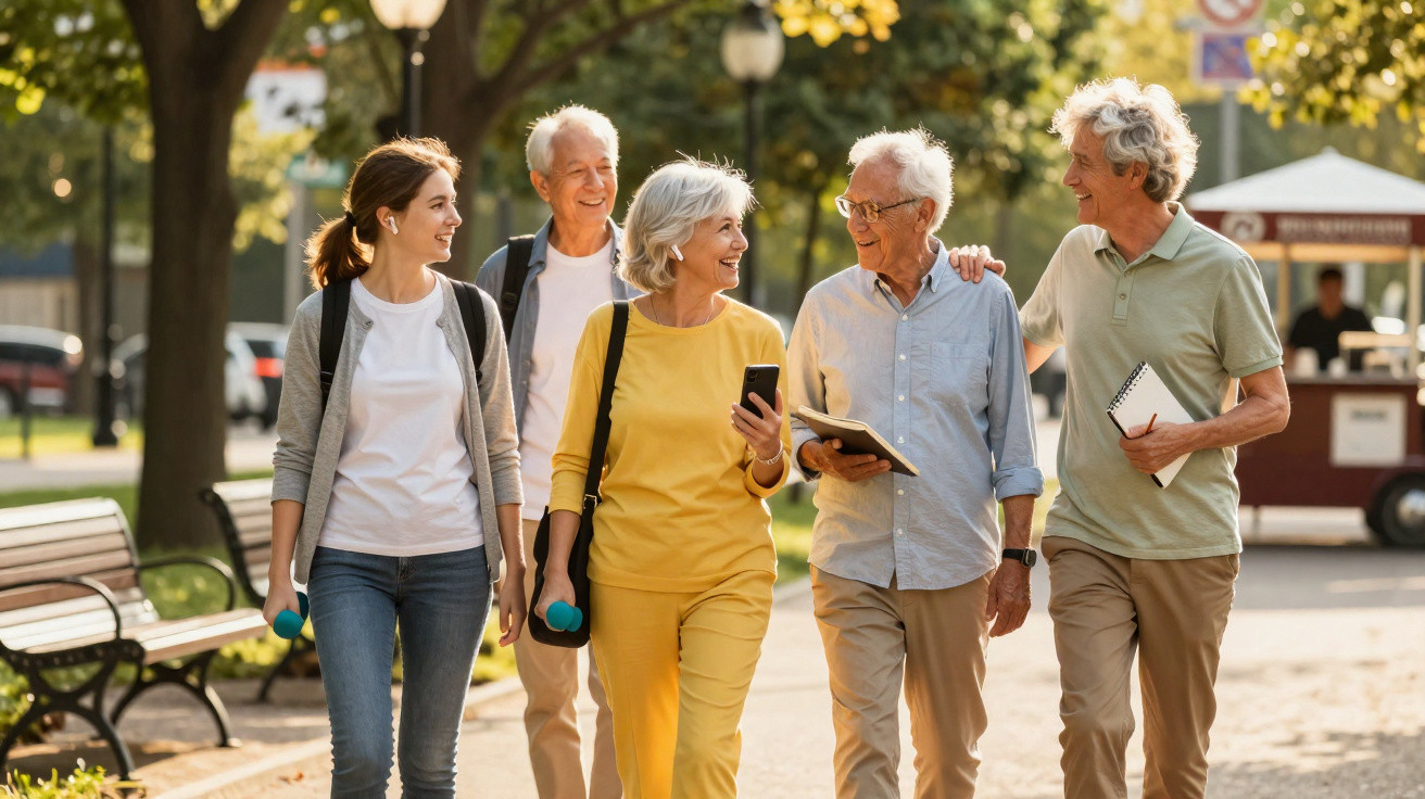 Grupo de cinco adultos sorridentes a caminhar num parque ensolarado, com árvores e bancos ao redor.