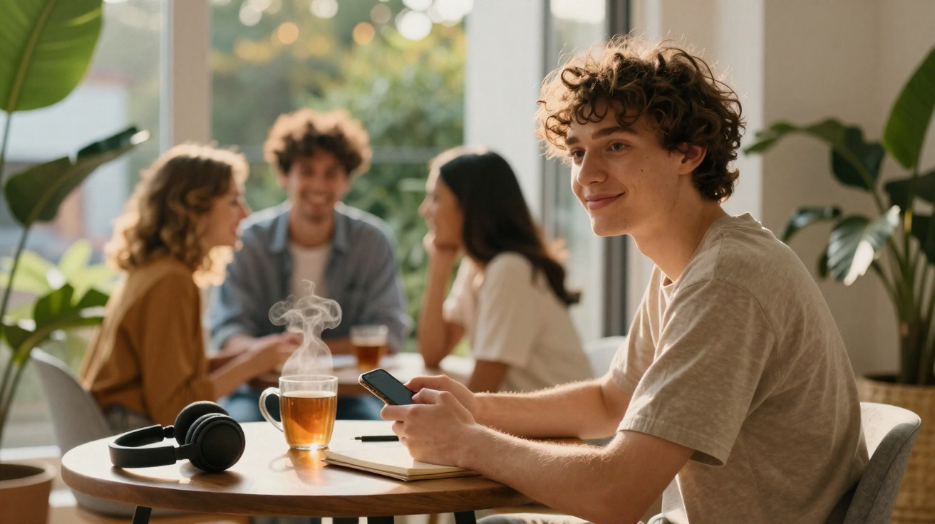 Jovem sorridente com telemóvel sentado à mesa com chá e auscultadores, três amigos conversam ao fundo numa sala iluminada.