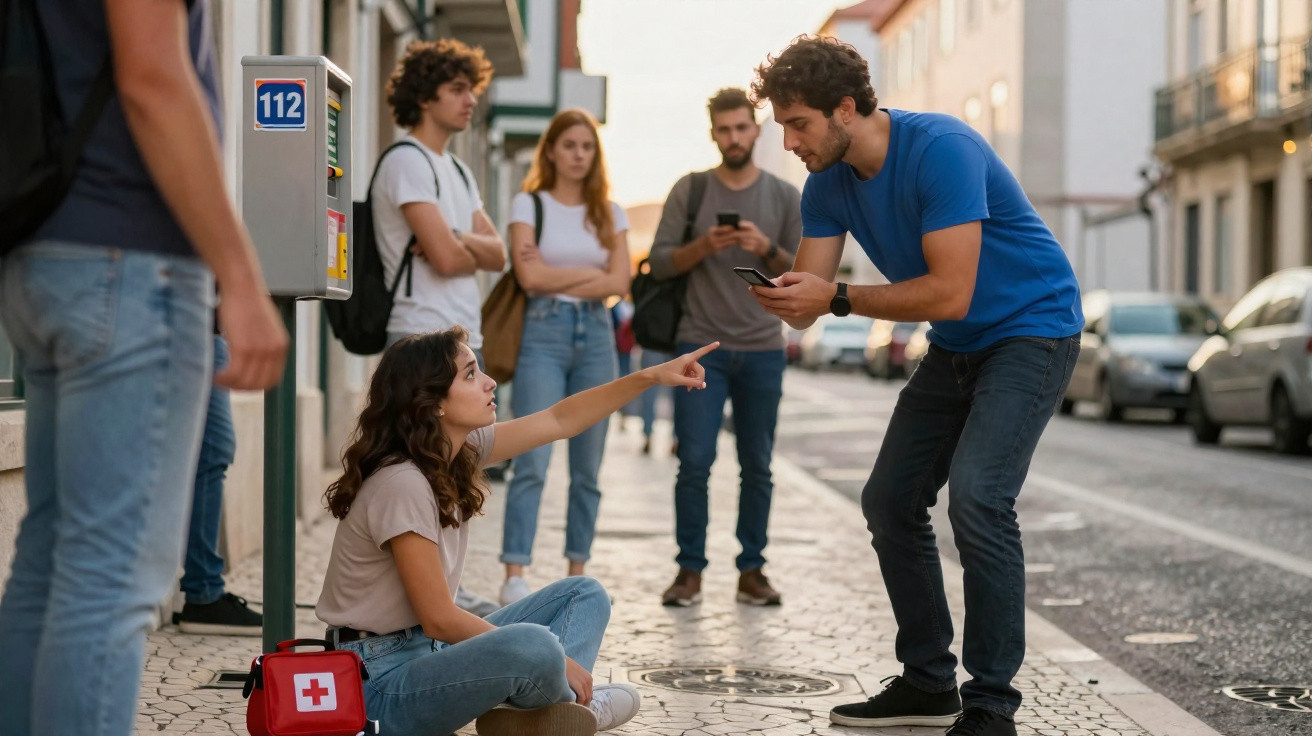 Jovem sentada na calçada com bolsa de primeiros socorros aponta para homem que olha para o telemóvel.