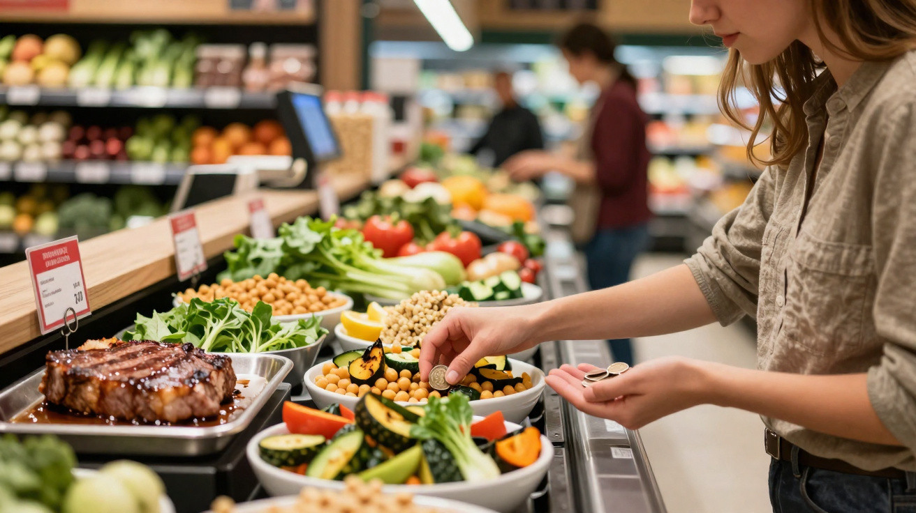 Pessoa a servir-se em buffet de saladas variadas numa loja ou supermercado.