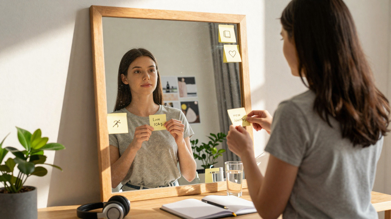 Mulher jovem a colocar notas autocolantes numa grande moldura de espelho numa secretária com plantas e ouvir headphones.