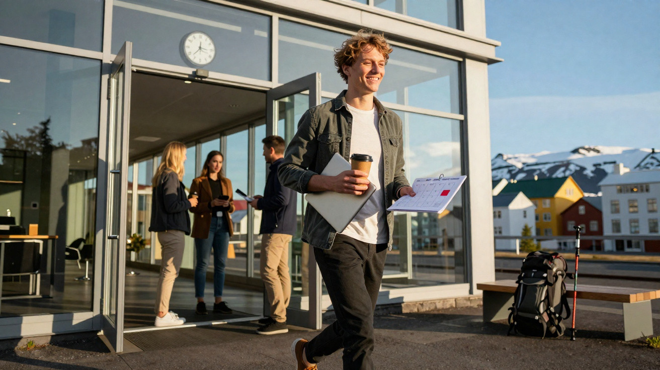 Jovem a sair de um edifício moderno com laptop e café, outros três jovens conversam ao fundo.