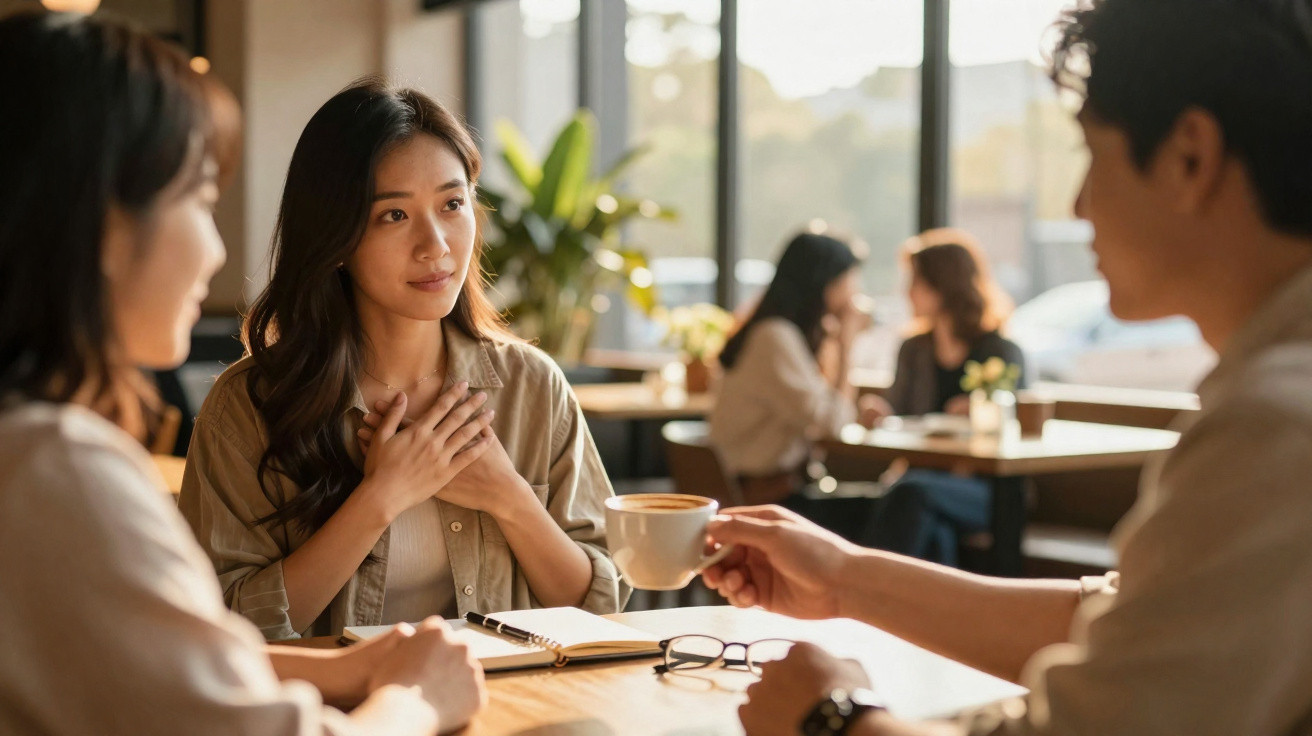 Mulher expressa emoção enquanto conversa com duas pessoas numa cafetaria durante o dia.