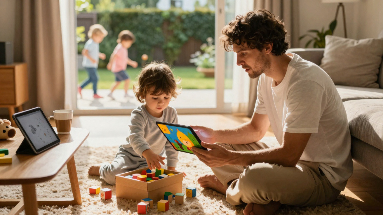 Pai e filho brincam com blocos de construção e tablet numa sala iluminada, com duas crianças a brincar ao fundo.