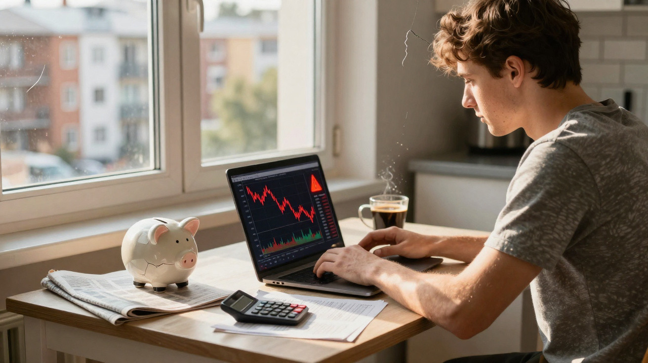 Jovem sentado a trabalhar num computador portátil com gráfico financeiro em queda, com mealheiro e calculadora na mesa.