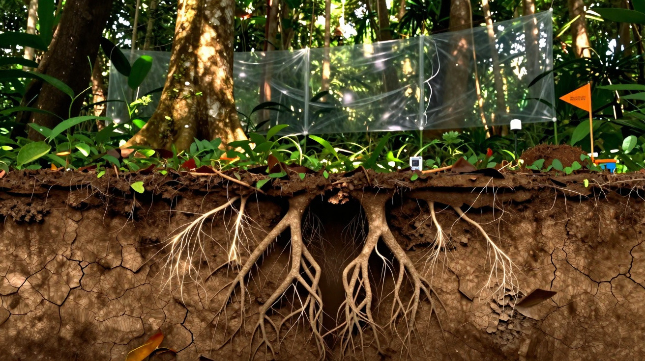 Raízes de árvores visíveis no solo com plantas e instrumentos de medição numa floresta.