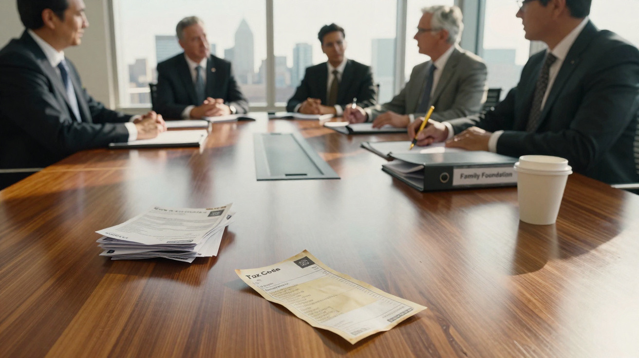 Cinco homens em fato sentados à volta de uma mesa de reunião com documentos e café.