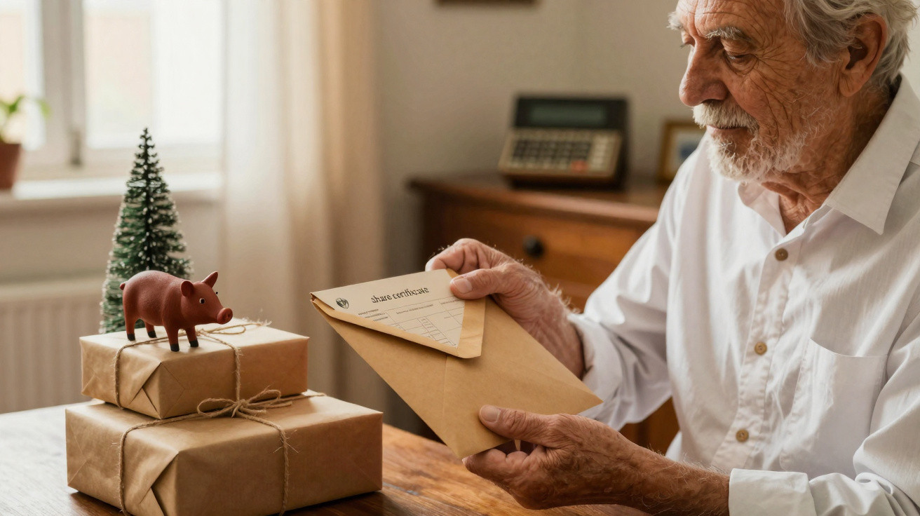 Idoso a abrir envelope com certificado de saúde, presente e pequeno pinheiro de Natal numa mesa de madeira.