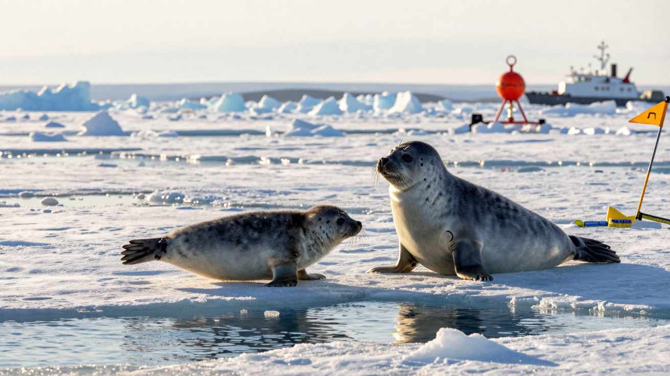 Duas focas sobre gelo no Ártico, com icebergues e um navio ao fundo.