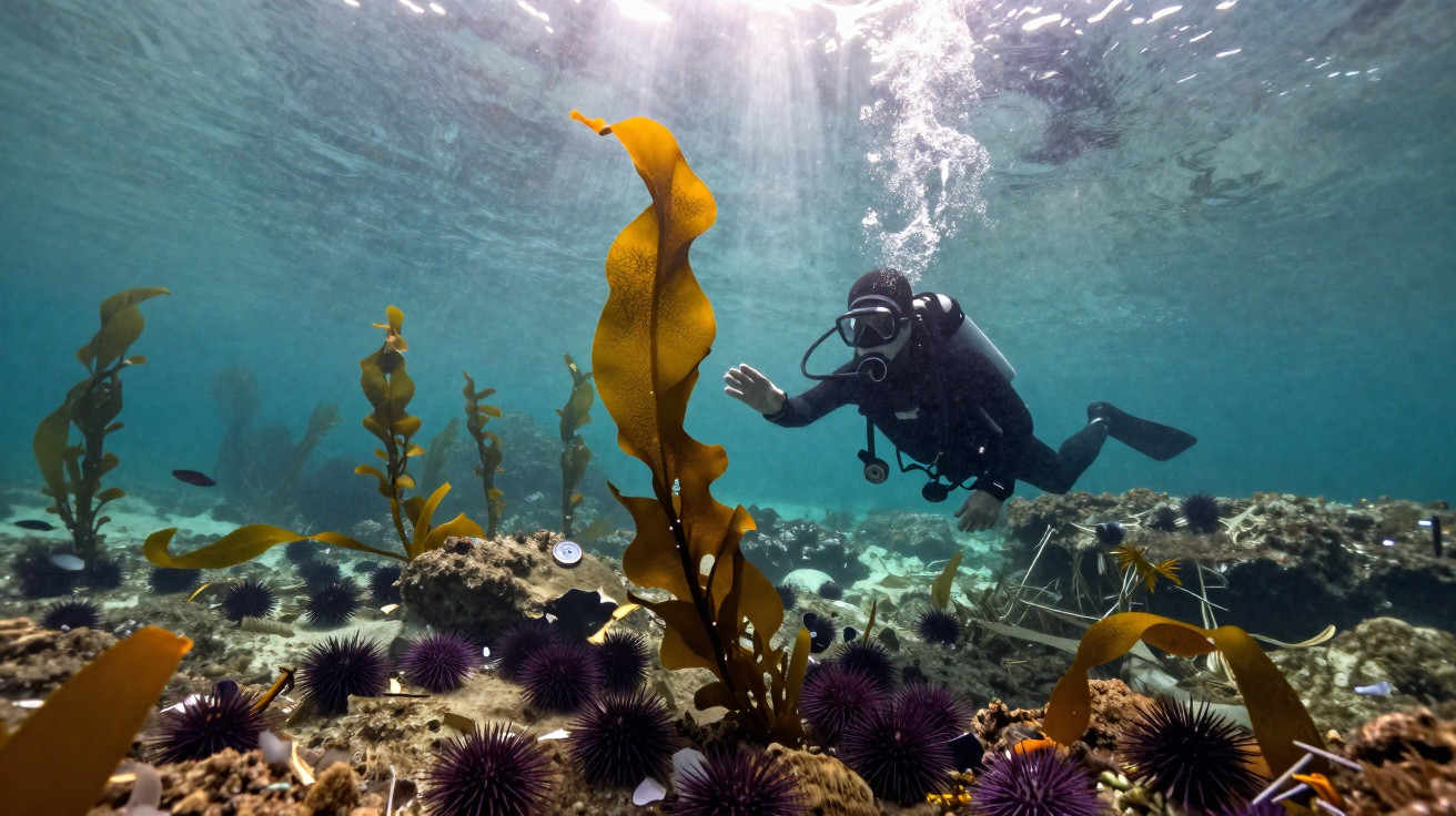 Mergulhador explora o fundo marinho com algas grandes e ouriços-do-mar roxos.