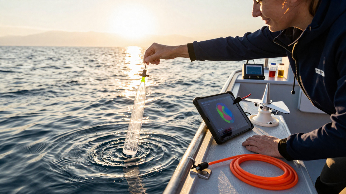 Pessoa a recolher amostra de água do mar ao pôr do sol a partir de um barco com equipamento científico.