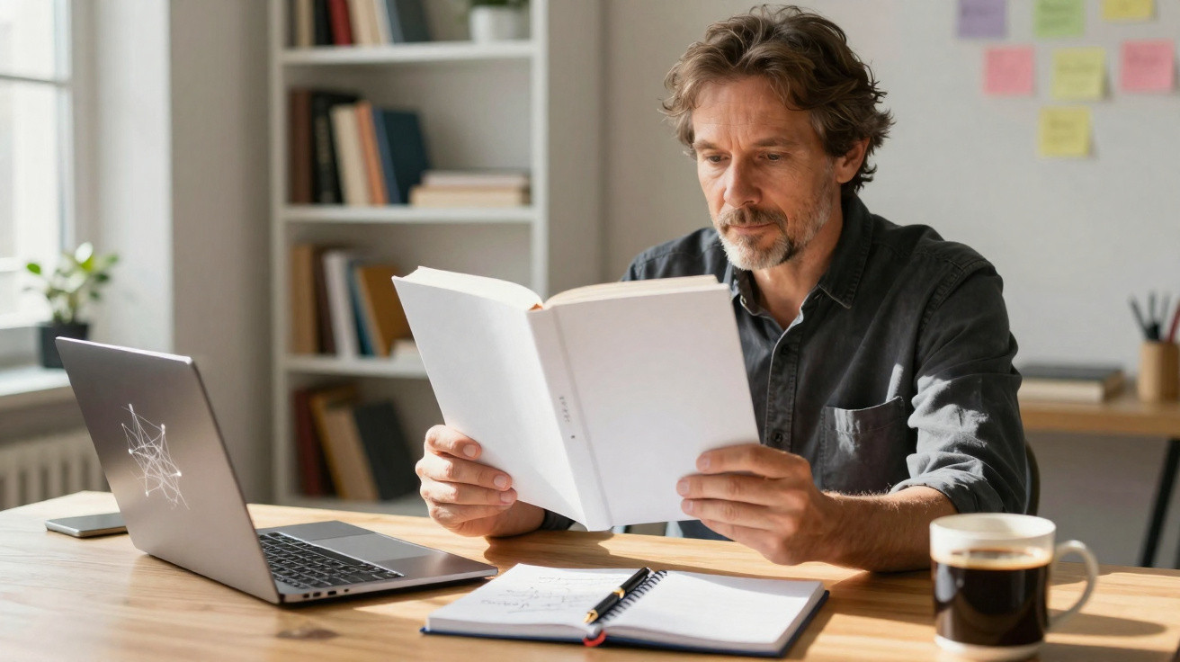 Homem sentado a ler livro à mesa com computador portátil, caderno e chá quente numa sala iluminada.