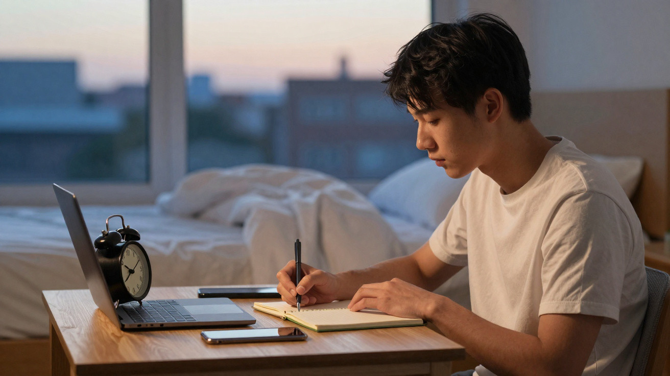 Jovem a estudar à mesa com caderno, computador portátil, telemóvel e despertador numa divisão iluminada ao entardecer.