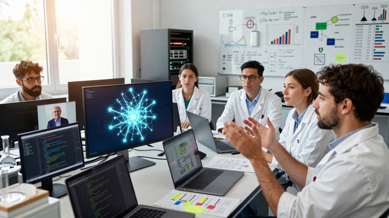 Equipa de cientistas e engenheiros em reunião com tecnologia de inteligência artificial e análise de dados num laboratório.
