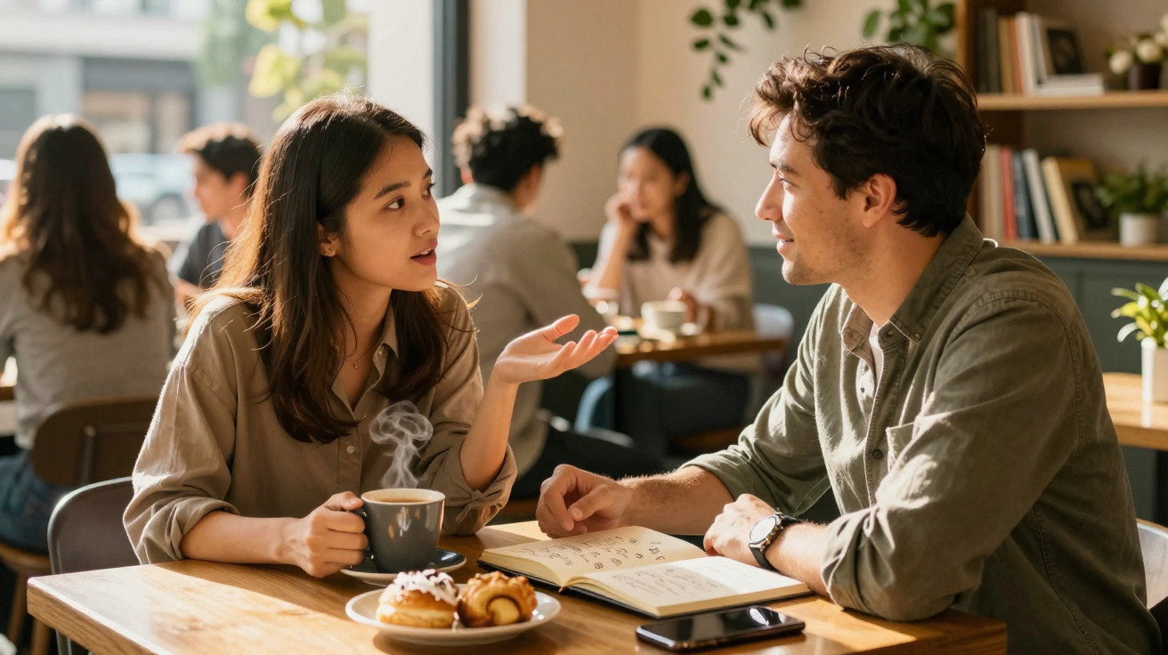 Duas pessoas conversam numa cafetaria, com chá quente, doces e um livro aberto à sua frente.