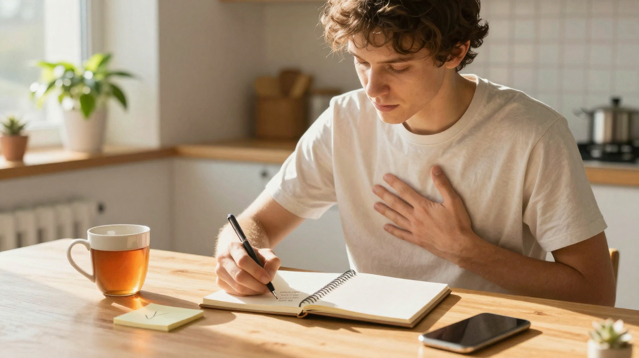 Jovem a escrever num caderno na cozinha, com chá e telemóvel na mesa iluminada pelo sol.