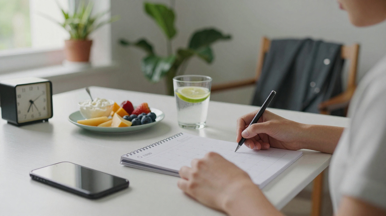 Pessoa a escrever numa agenda com smartphone, prato de frutas e copo de água com limão numa mesa branca.