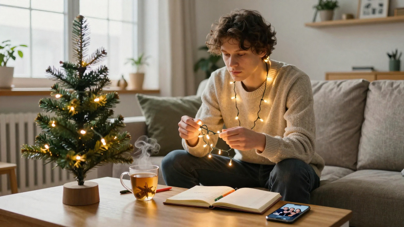 Jovem sentado no sofá a decorar com luzes de Natal, com árvore pequena, chá quente, caderno e telemóvel na mesa.