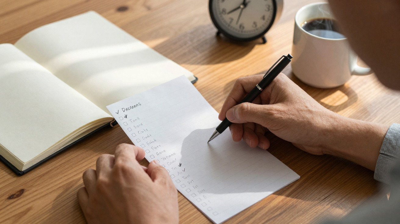 Mãos a preencher uma lista de tarefas num papel, com caderno, relógio e chá numa mesa de madeira.