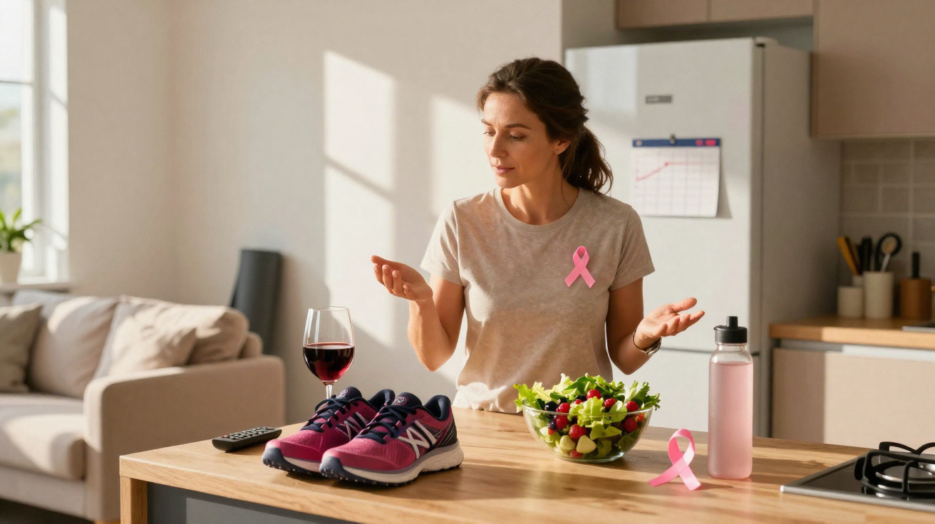 Mulher com laço rosa sentada numa cozinha, olhando para ténis, salada, água e copo de vinho tinto.
