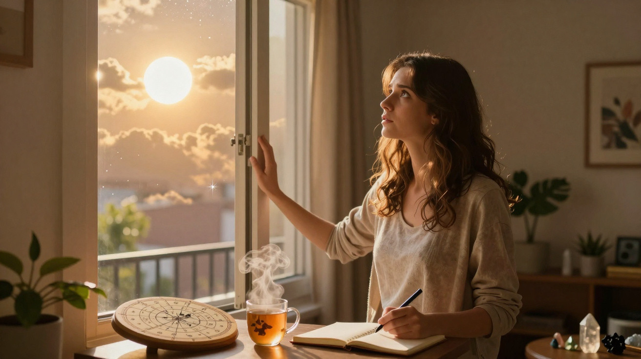 Mulher a escrever num caderno junto a uma janela aberta com vista para um sol luminoso ao entardecer.