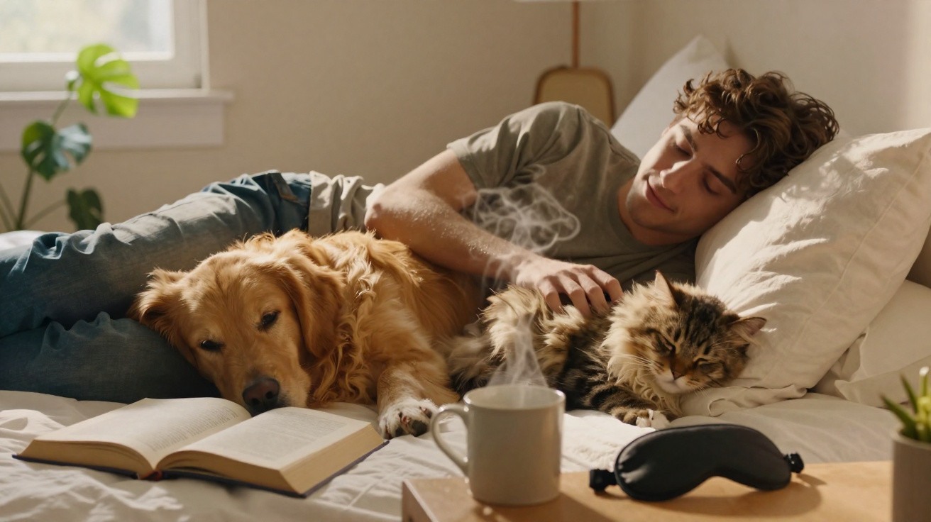 Homem deitado na cama a acariciar um gato e um cão ao seu lado, com um livro aberto e caneca quente à frente.