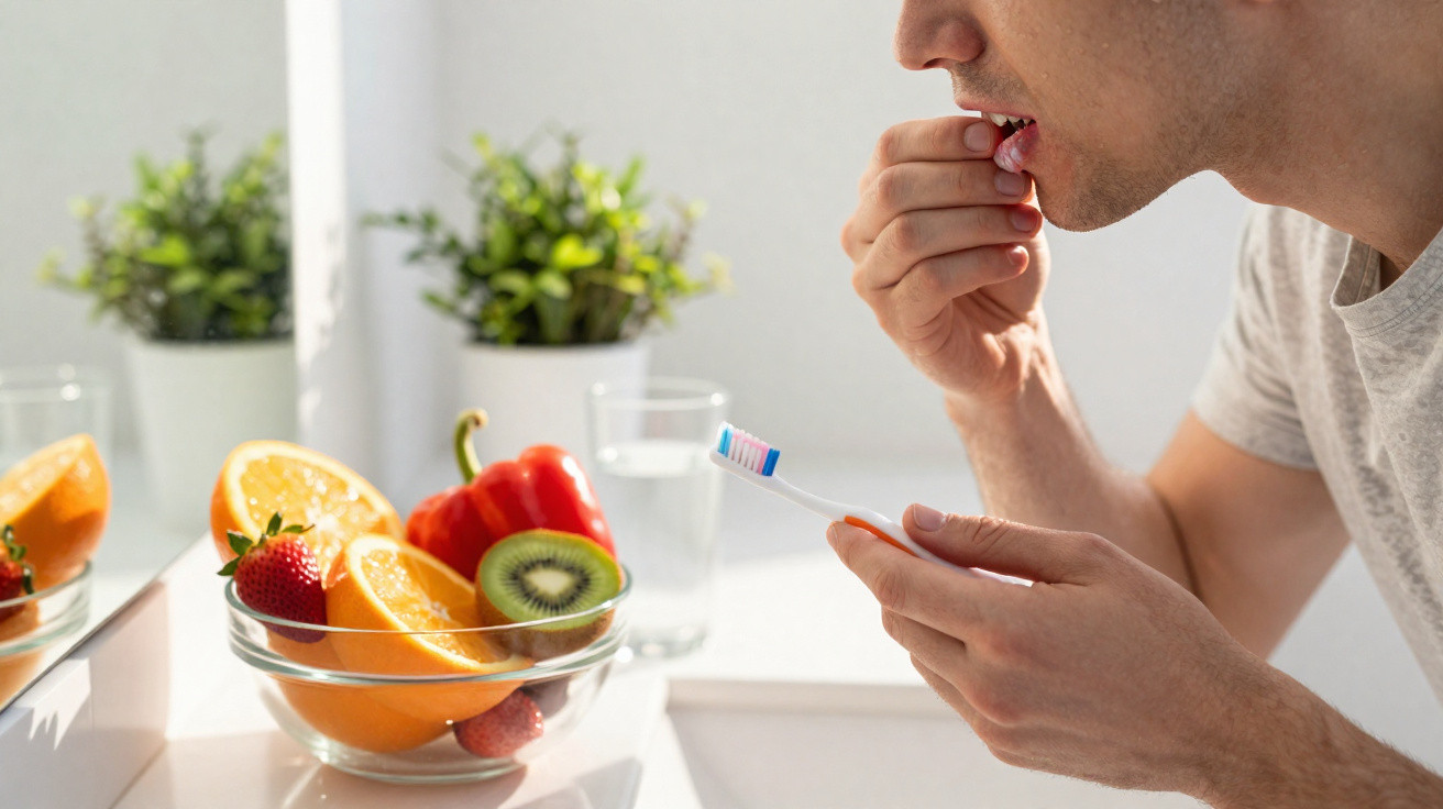 Homem a tomar comprimido com escova de dentes na mão junto a tigela de frutas frescas e vidro de água.