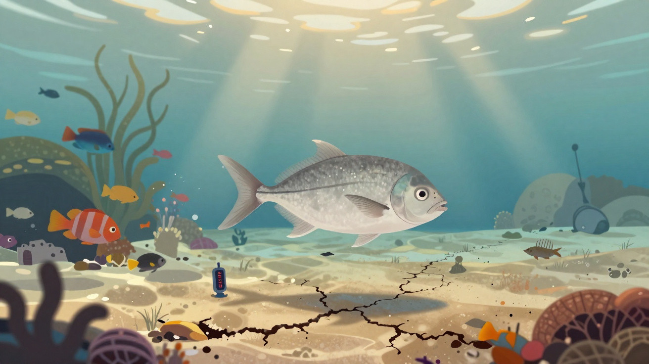 Peixe cinzento a nadar no fundo marinho com fauna marinha diversa e objetos humanos espalhados.