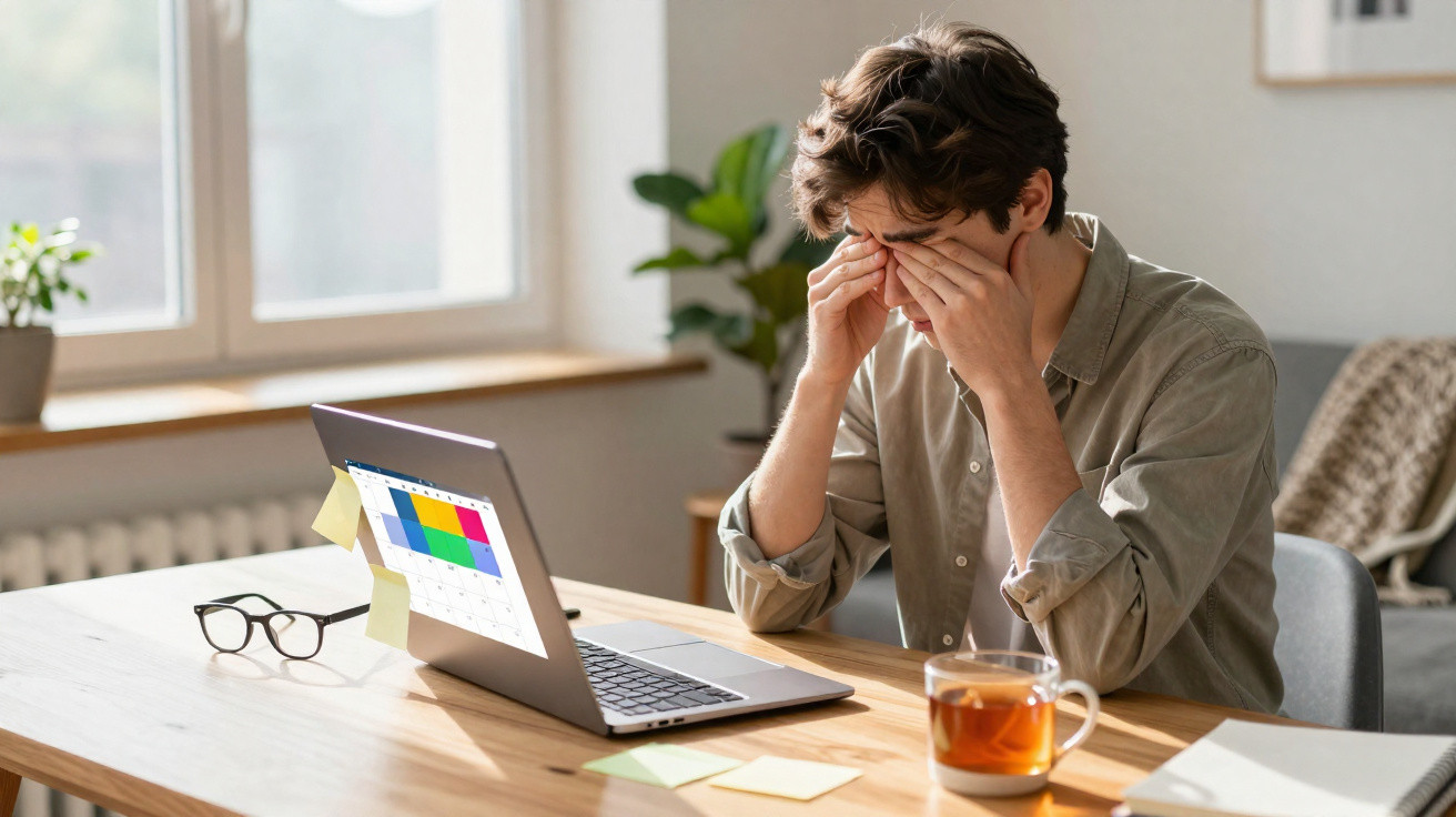 Homem senta-se numa secretária com computador portátil e cobre os olhos com as mãos, parecendo cansado.