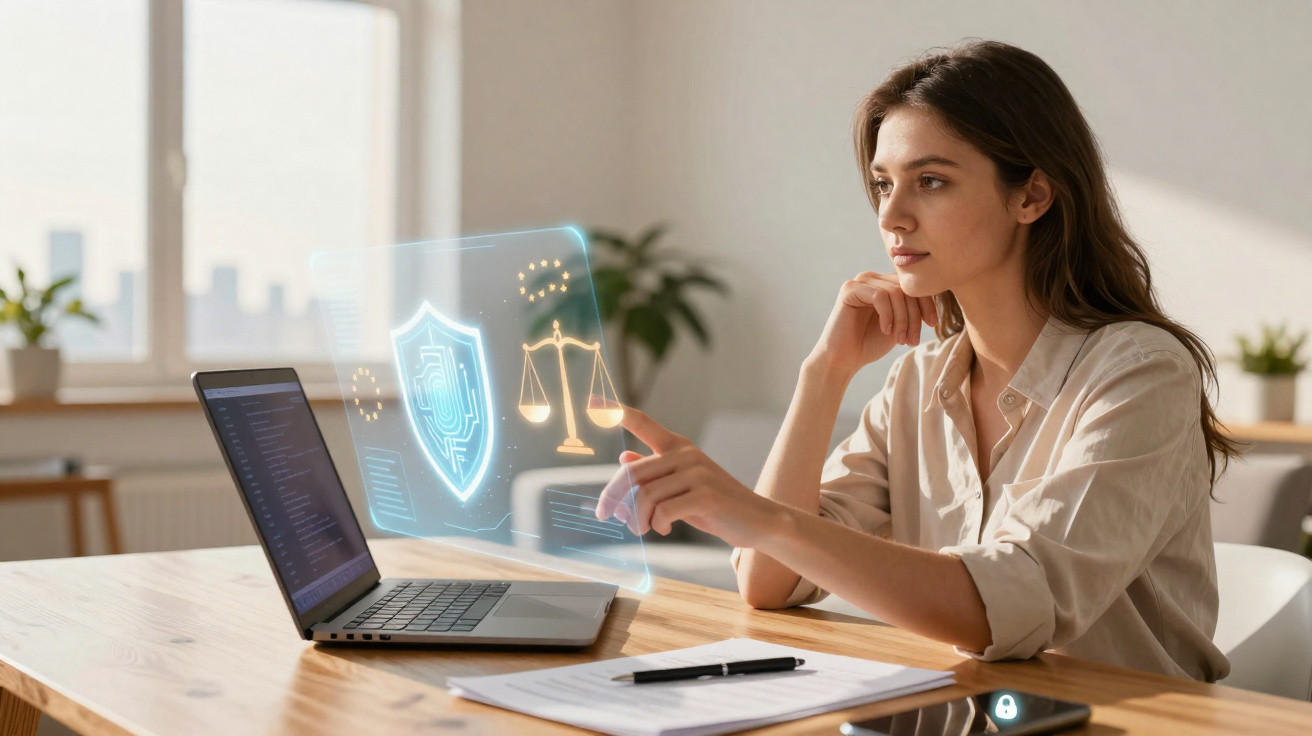 Mulher jovem a interagir com holograma digital de justiça e segurança junto a laptop numa mesa de escritório.
