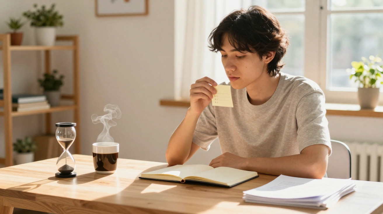 Jovem sentado a escrever num caderno, segurando um papel, com café e ampulheta na mesa iluminada pela luz natural.