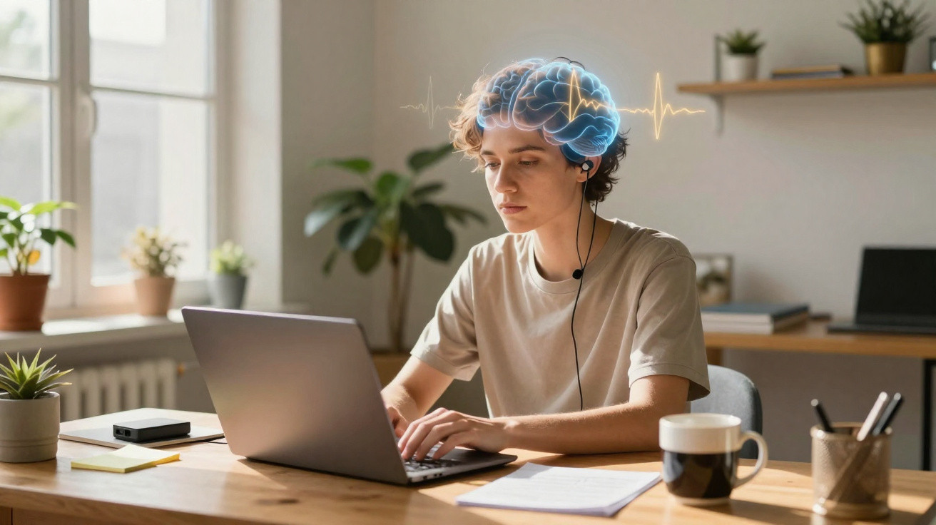 Jovem sentado a trabalhar num portátil, com ilustração digital de cérebro e ondas cerebrais sobre a cabeça.