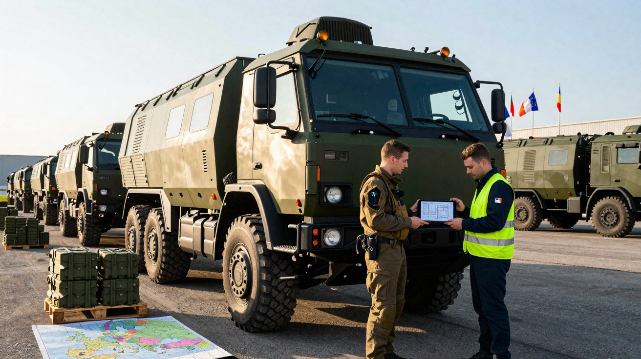 Dois militares junto a veículos militares pesados verdes estacionados com mapas e caixas no chão.