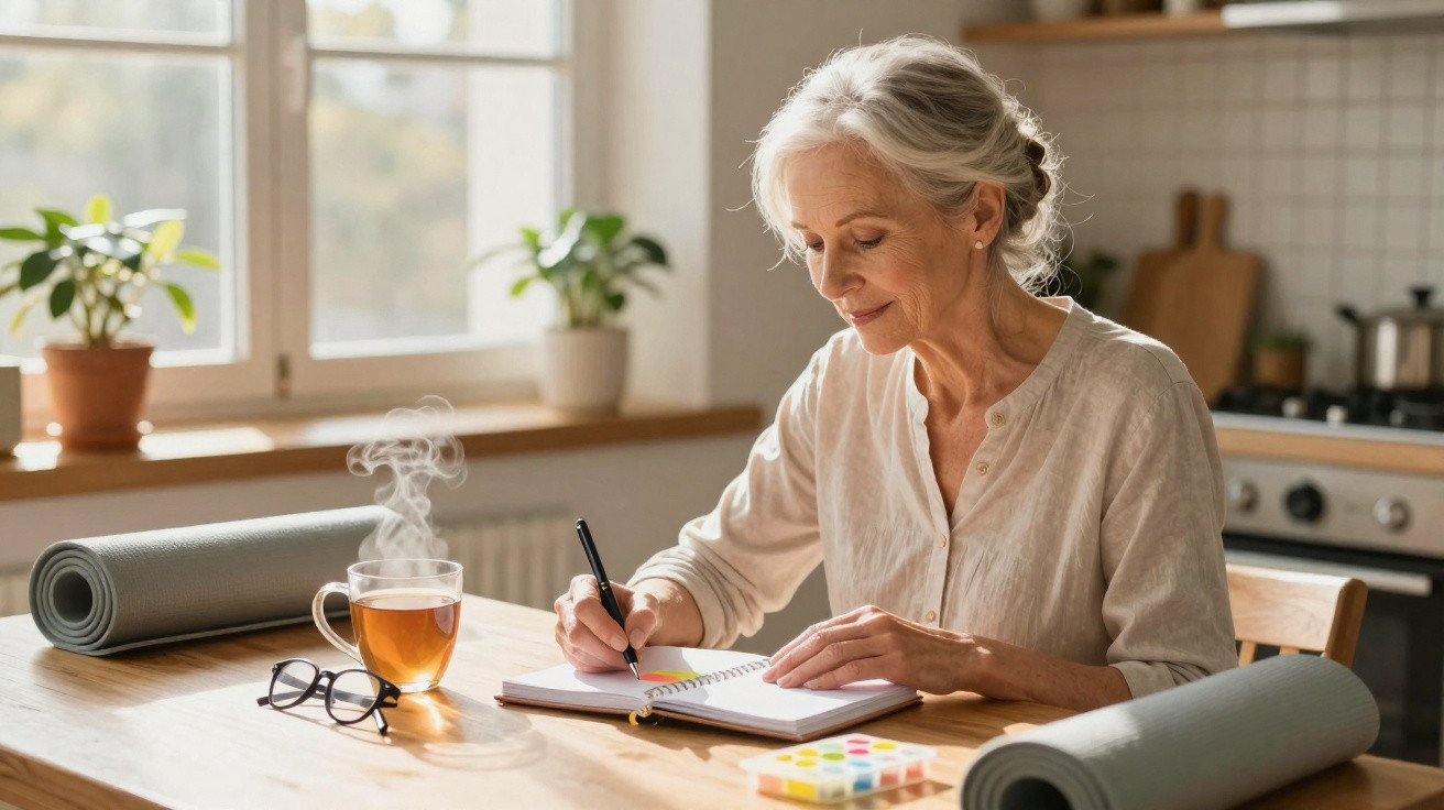 Mulher idosa sentada à mesa a escrever num caderno, com chá a vapor e tapetes de yoga à sua volta.