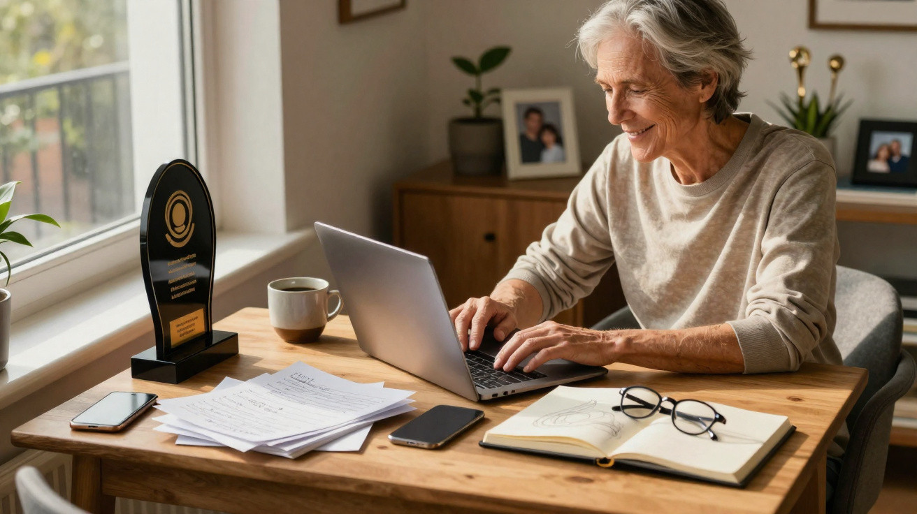 Pessoa idosa sorridente a usar portátil numa mesa com caderno, telemóveis, documentos e prémio.