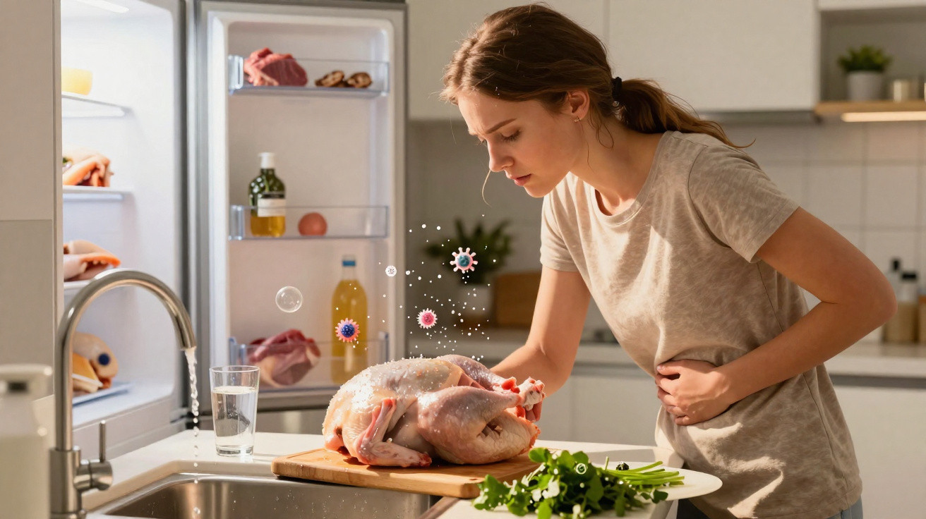 Mulher com dor de barriga observa frango cru com bactérias destacadas na cozinha.