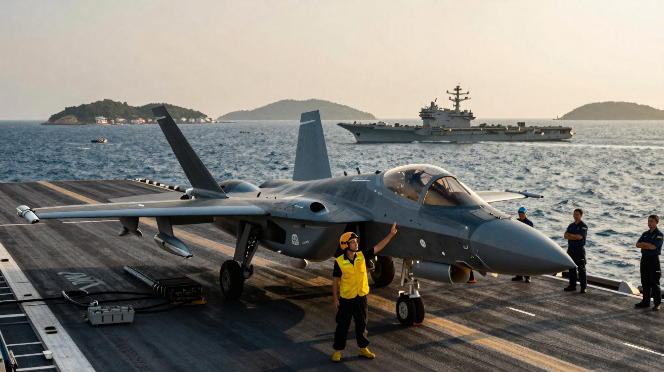 Aeronave militar estacionada em porta-aviões, com pessoal naval e mar ao fundo durante o pôr do sol.