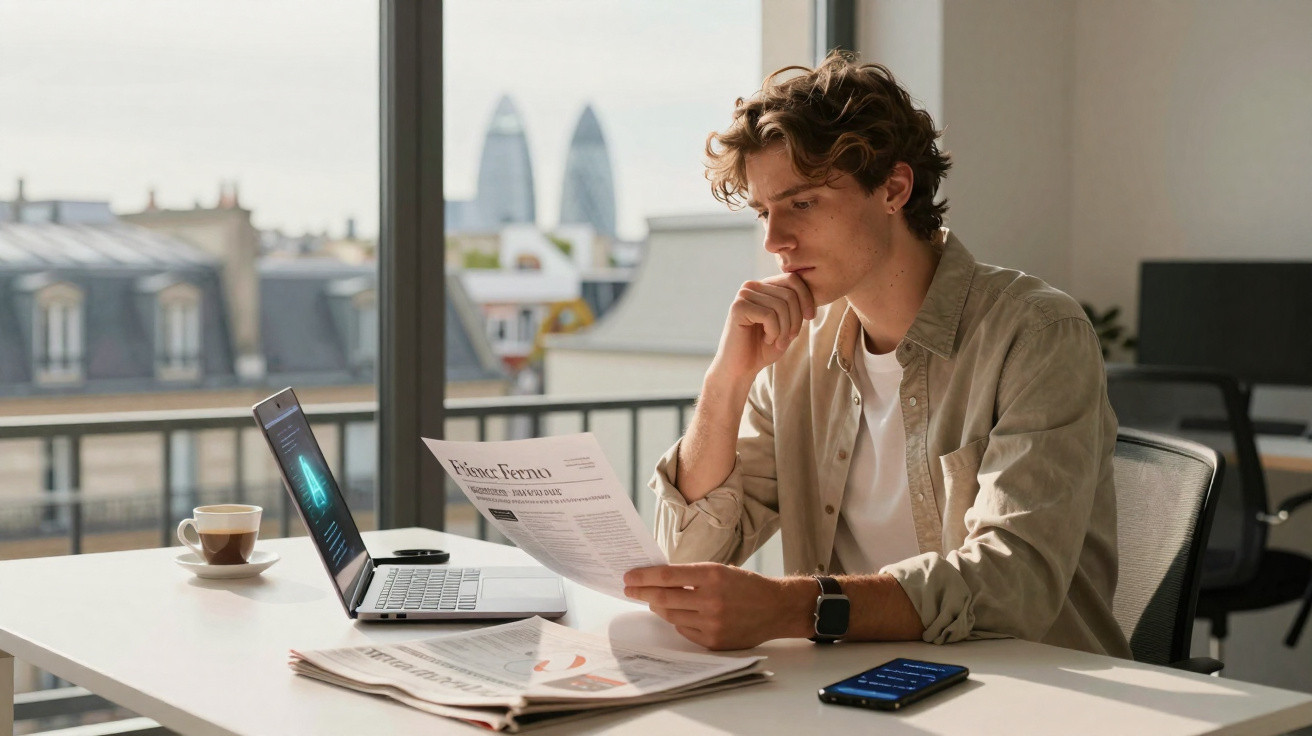 Jovem sentado à mesa a ler jornal, com portátil aberto, smartphone e chá, em ambiente de escritório com vista urbana.