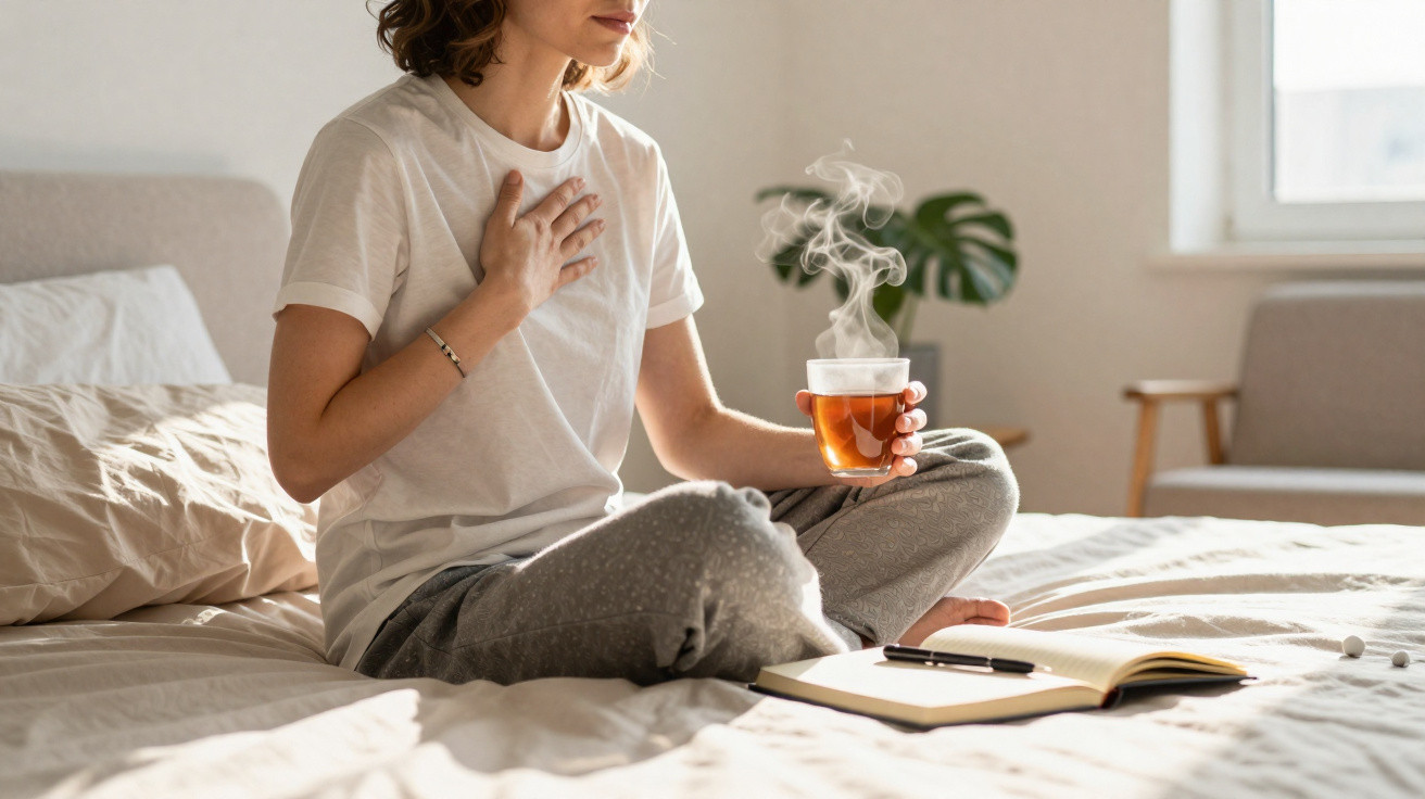 Mulher sentada na cama com chá quente, segurando o peito com expressão de desconforto.