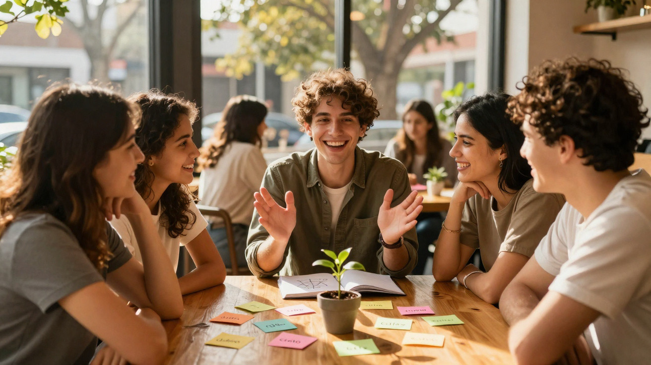 Grupo de cinco jovens sentados à volta de uma mesa com notas coloridas, a conversar alegremente junto a uma janela.