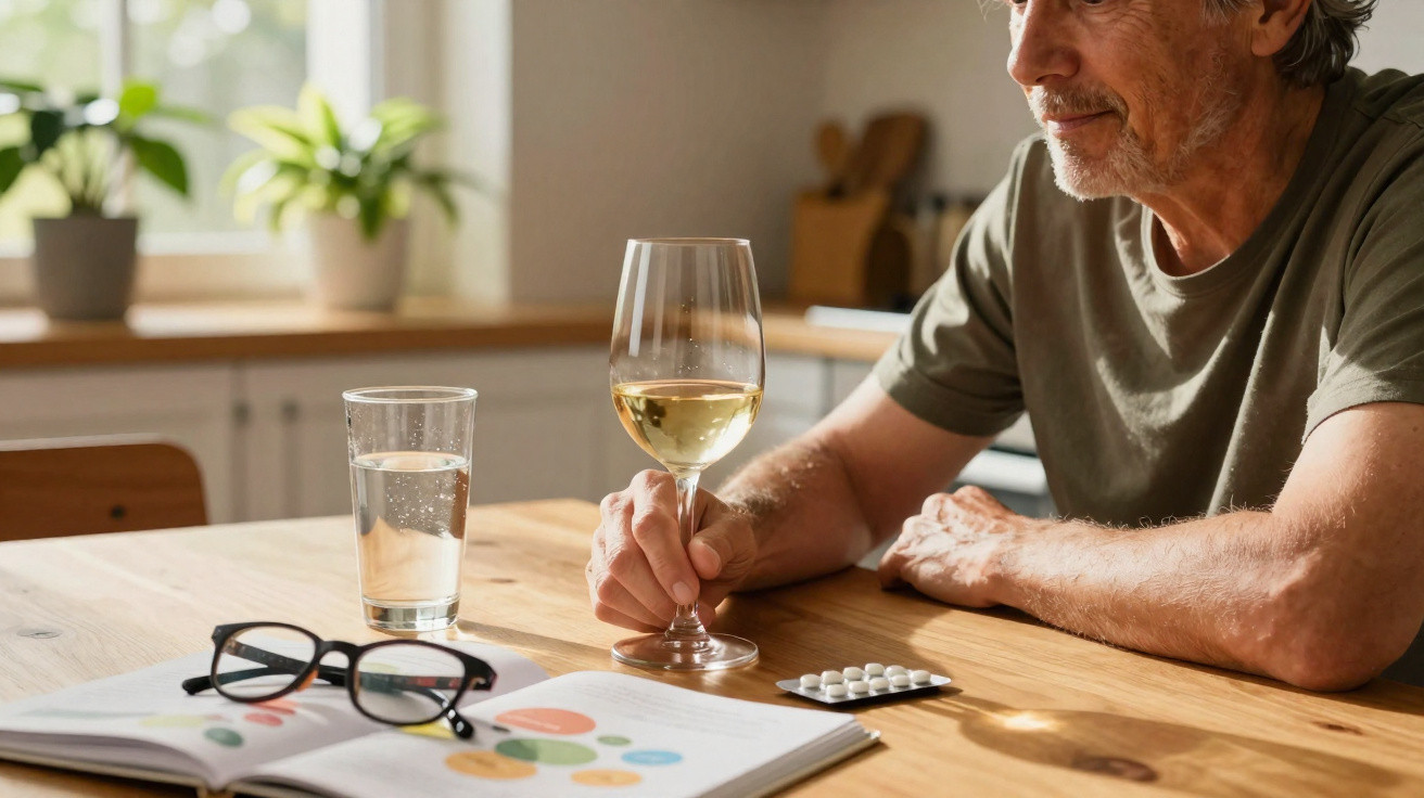 Homem sentado à mesa com copo de vinho, comprimidos, óculos e documento com gráficos.