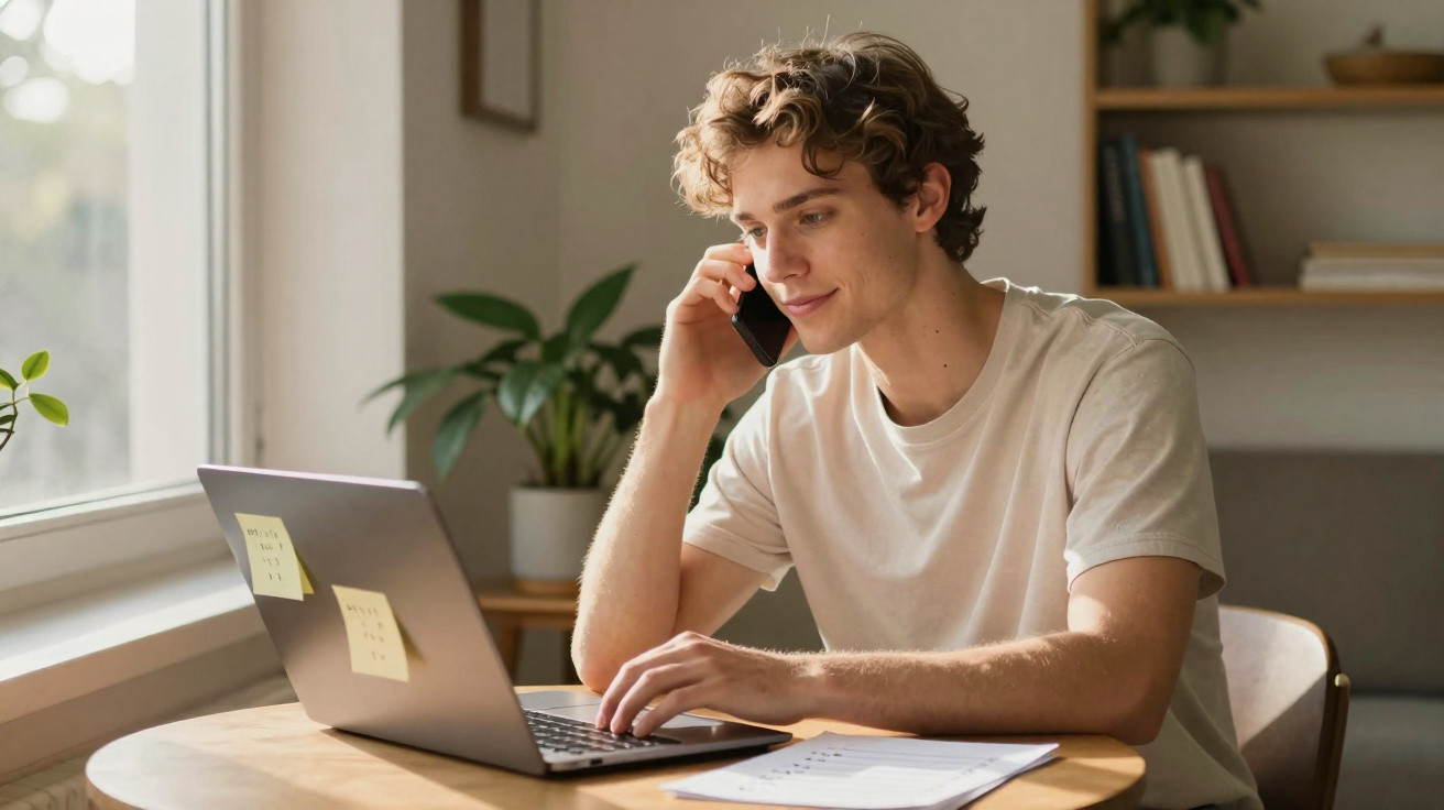 Jovem sentado a uma mesa redonda a usar computador portátil e a falar ao telemóvel numa divisão iluminada.