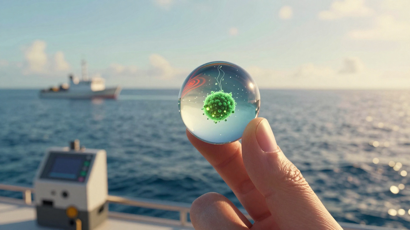 Mão segura esfera transparente com vírus verde, com mar e navio ao fundo sob céu claro.