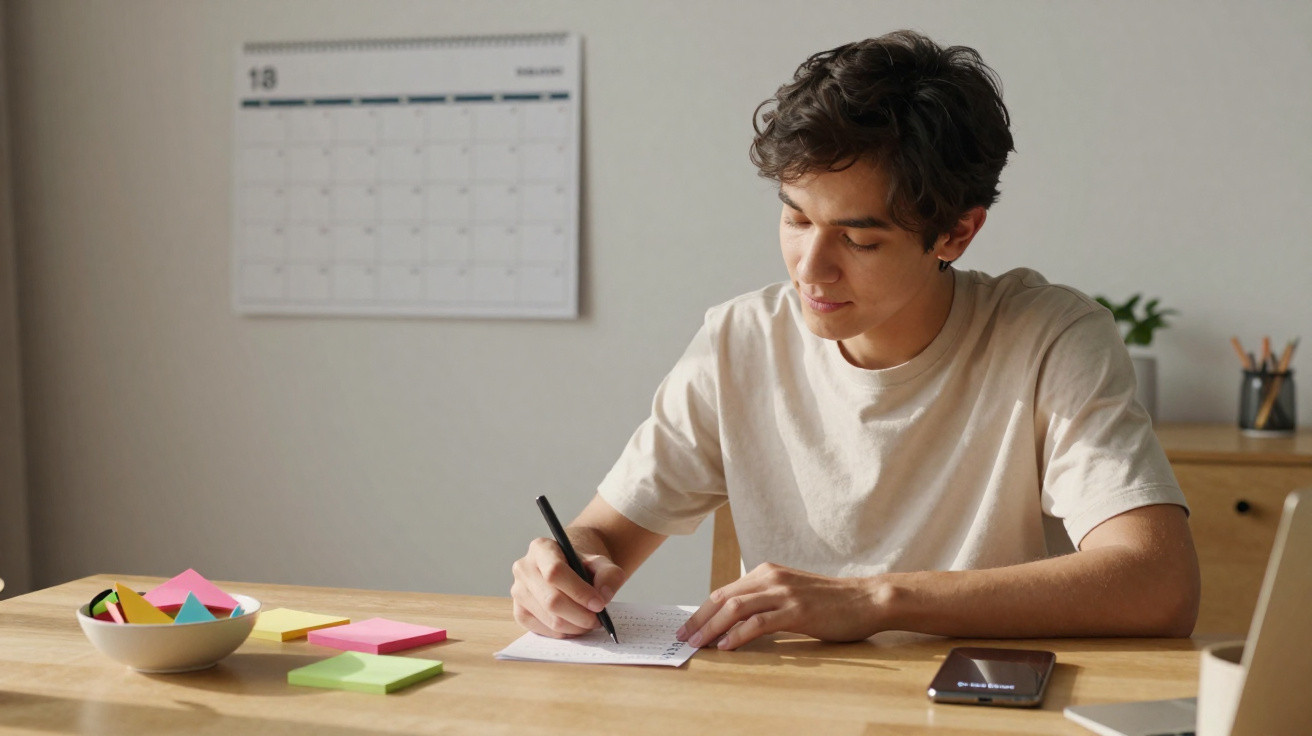 Jovem sentado numa mesa, a escrever num papel, com calendário na parede e nota adesivas coloridas à sua frente.