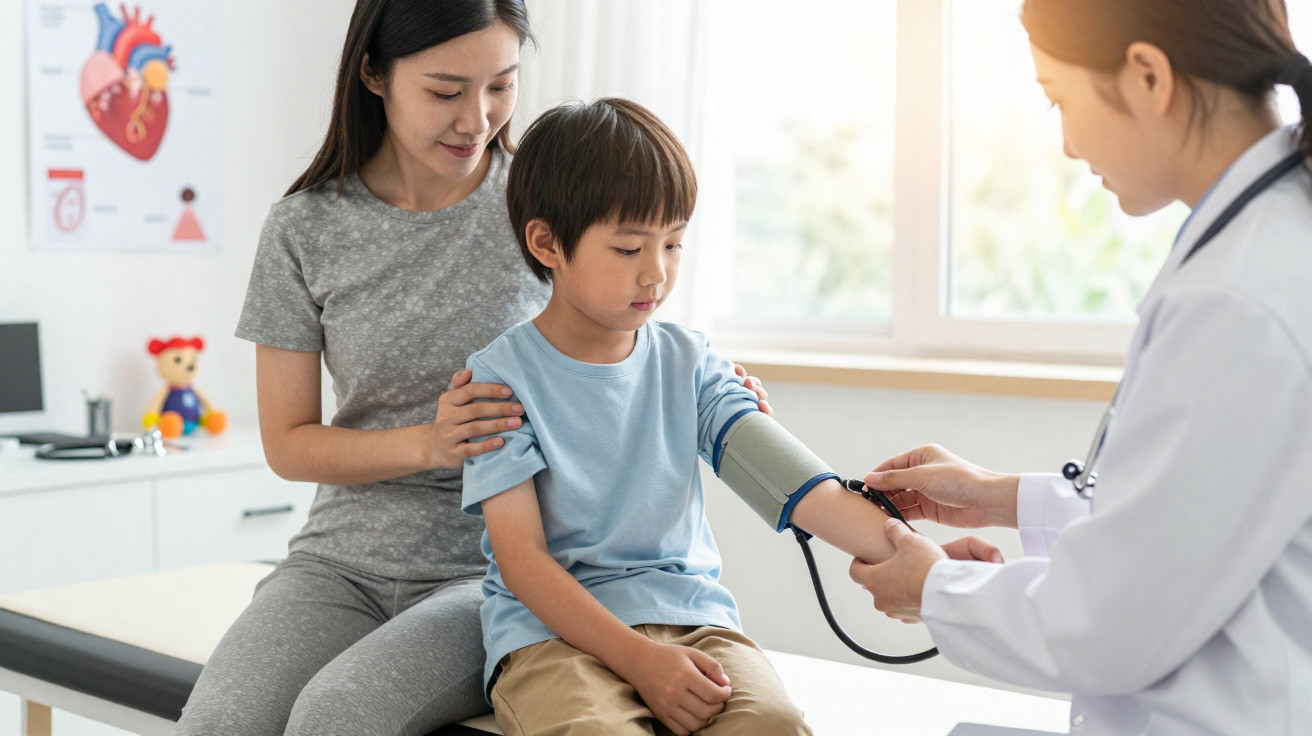 Criança a ter a pressão arterial medida por médica, com mãe ao lado num consultório clínico.