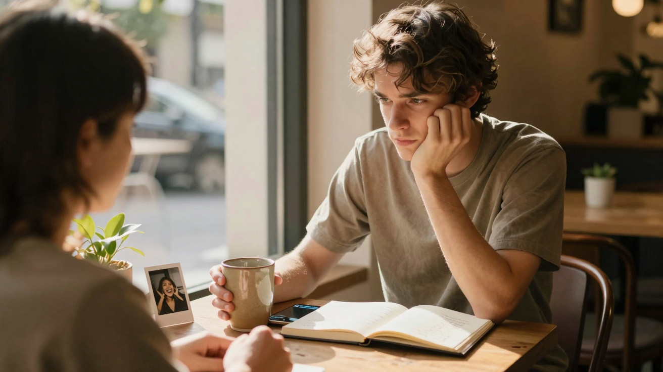 Jovem pensativo com caneca na mão e livro aberto numa mesa de café com outra pessoa.