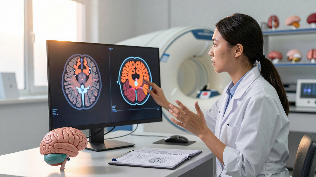 Médica em bata branca analisa imagens digitais coloridas do cérebro numa sala de exames neurológicos.