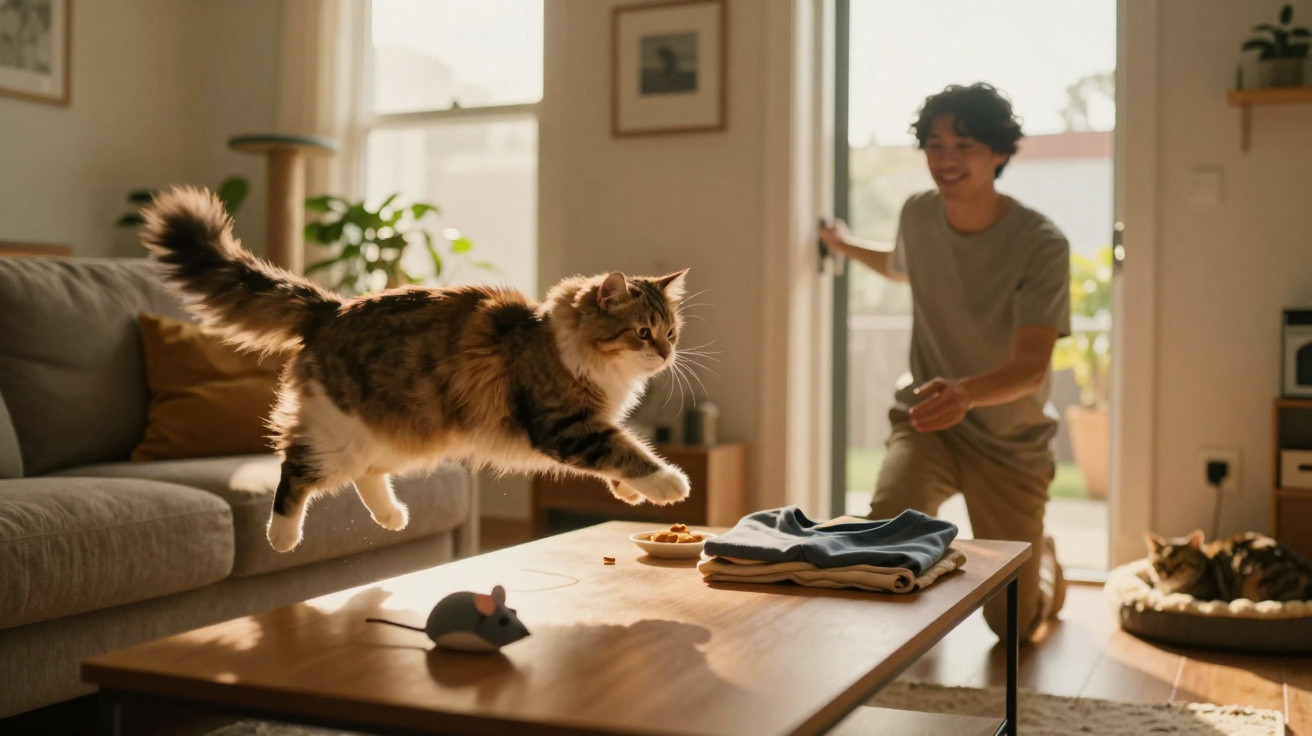 Gato a saltar sobre uma mesa de centro com brinquedo de rato, com pessoa sorridente ao fundo numa sala iluminada.